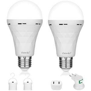 Ostwiki 2 Pack Emergency Rechargeable Light Bulbs,Battery Operated Backup Light Bulb 9W E27 8500K 1200mAh White Equivalent Self-Charging LED Light Bulbs for Power Outage Camping Outdoor Activity