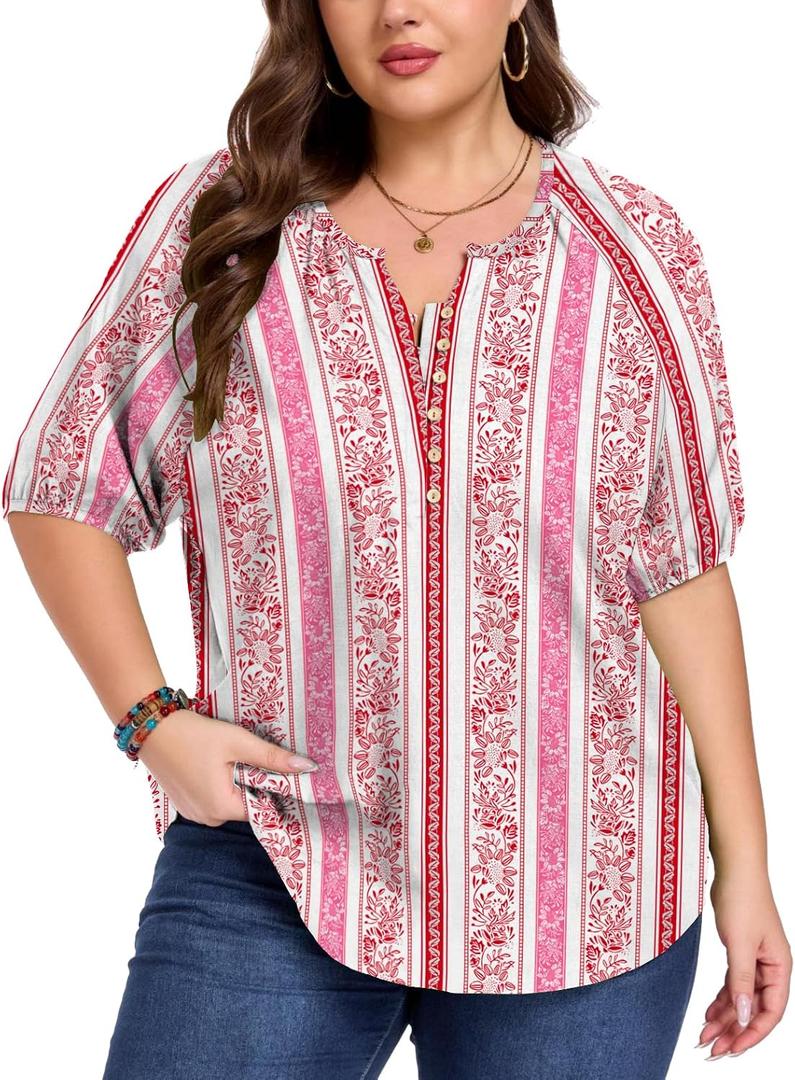 ForHailey Women's Plus Size Short Sleeve Summer Tops Casual Button Down V Neck Blouses Floral Clothing Trendy (Pink)