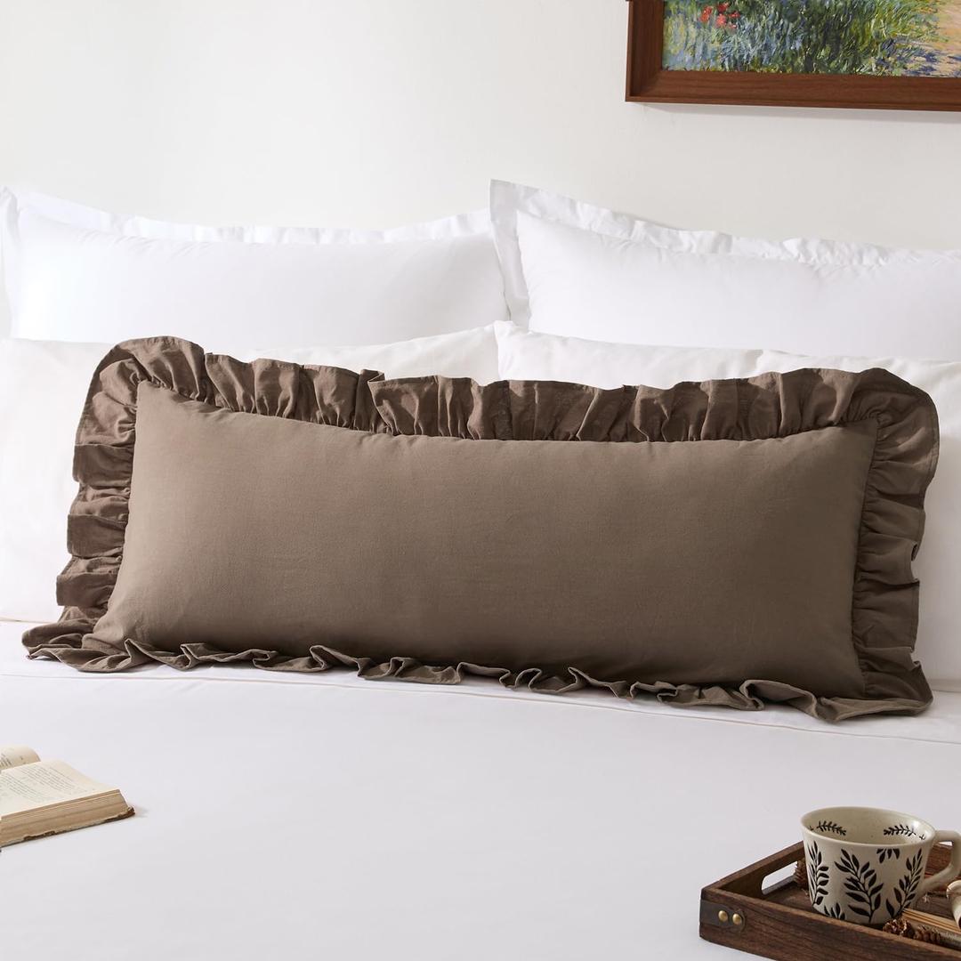 Kevin Textile 14x36 Inch Long Lumbar Pillow Cover 1 Pack 100% Cotton Lace Ruffles Scalloped Decorative Rectangle Cushion Case Soft Body Pillow for Bedding Couch Sofa, Khaki