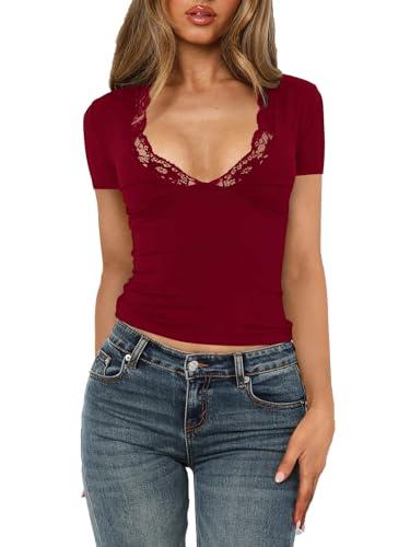 Women's Short Sleeve Sexy Lace Trim V-Neck Daily Basic Burgundy Tees Trendy Y2K Clothing Spring Summer Going Out Casual Vacation Slim Fit Cute Crop Tops (8638, XS, Burgundy)