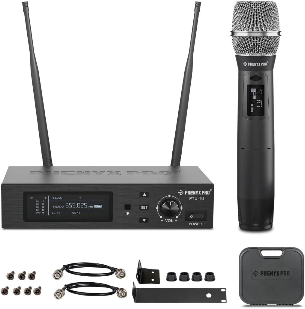 Phenyx Pro True Diversity Wireless Microphone System w/ 1000 Tunable Channels, Single Cordless Mic Set w/Auto Scan, UHF Professional Dynamic Microphone for Singing, Stage & Studio (PTU-1U)