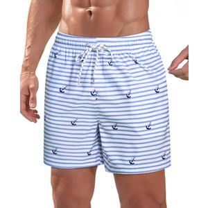 Gleeease Mens 5inch Swim Trunks: Mesh Quick Dry Stretchy Comfort Soft Striped Blue White Drawstring Zipper Pocket Beach Pool (Blue, XXL)