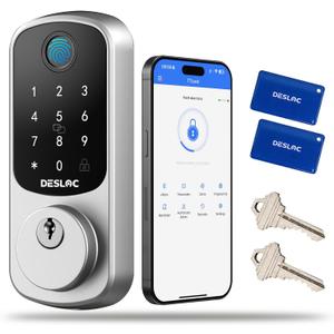 DESLOC Smart Door Lock B200, Smart Deadbolt Lock, Keyless Entry Door Lock, Fingerprint Smart Lock, Smart Locks for Front Door, App Control, Touchscreen Keypad Deadbolts,12-Month Battery, BHMA Grade3 (Silver)
