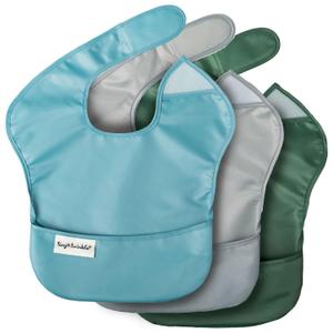 Tiny Twinkle Mess Proof Baby Bibs for Eating - Waterproof, Wipeable Bibs - Toddler Bibs - Travel Friendly - PFAS, PVC, BPA, Phthalate Free - Baby Food Bibs (3 Pack,Slate, Olive)