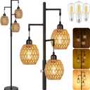 ROTTOGOON Dimmable Boho Floor Lamp - 3 Light Farmhouse Rattan Floor Lamps for Living Room, Tree Floor Lamps with Bohemian lampshades, Rustic Standing Tall Lamps for Bedroom, Office, 68", 6W, Black