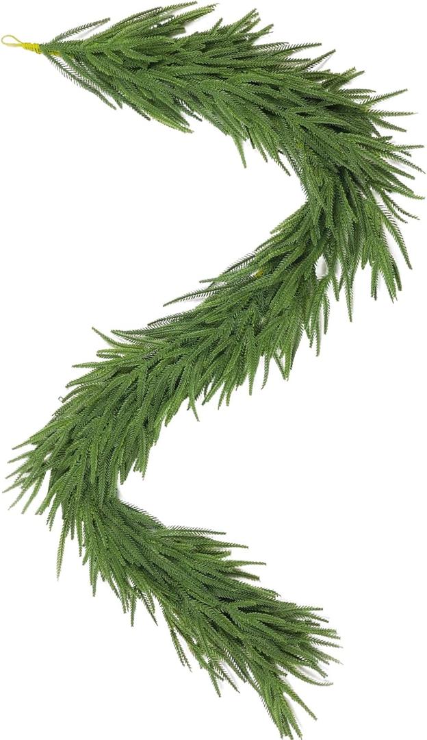6 Ft Christmas Norfolk Pine Garland for Mantle with Lights Realistic Real Touch Holiday Decorations Fireplace Stairs Railing Door Frame Indoor Outdoor Dcor Lighted Full Flocked Winter Greenery