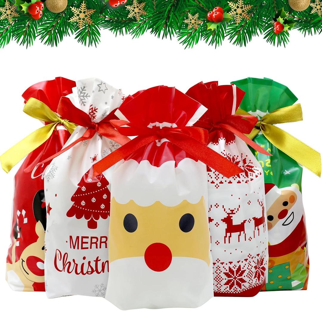 Tuzuaol 50 PCS Christmas Drawstring Goodies Bags Christmas Treat Bags Candy Bags for Xmas Gift Wrapping Party Favor