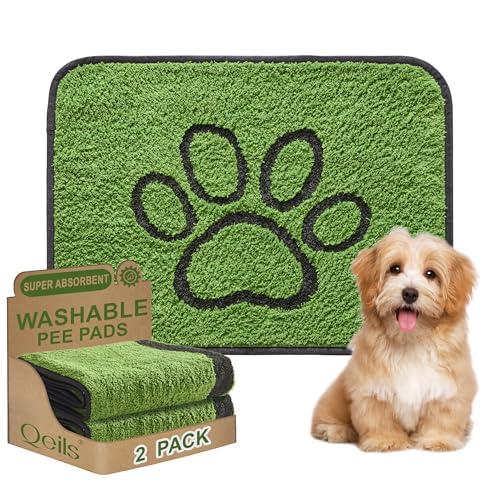 Qeils Reusable Dog Pee Pads, 2 Pack Super Absorbent & Leakproof Washable Puppy Pads with Soft Green Top Layer, for Potty Training, Crates, Couch, Car Seats & Pet Beds, 18"x24"