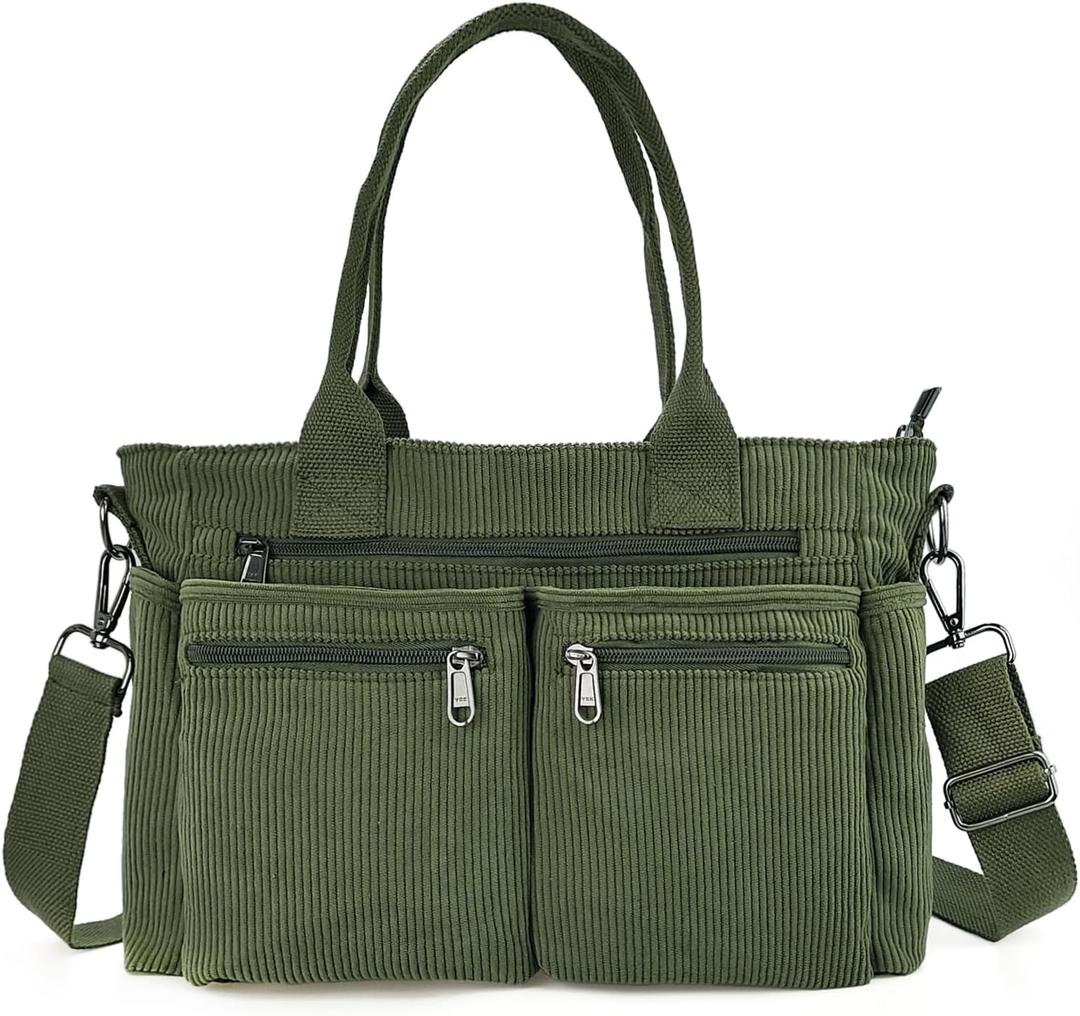 Womens Casual Corduroy Tote Bags with Multiple Pockets Hobo Crossbody Bag Travel Shoulder Bags Cute Purse Handbag (Green)