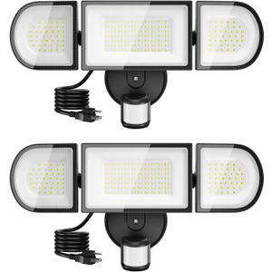 iMaihom 100W Motion Sensor Outdoor Lights Plug in, 9000LM LED Security Light, Dusk to Dawn Motion Flood Light, 6500K, IP65 Waterproof, 3 Head Exterior Motion Detector Light for Yard Garage (2Pack)