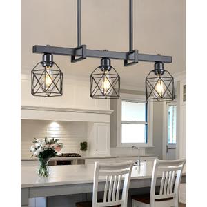 3-Light Farmhouse Kitchen Island Lighting Black Hardware and Black Metal cage Frame Design Rustic Vintage Pendant Ceiling Light Suitable for Dining Rooms and Living Rooms