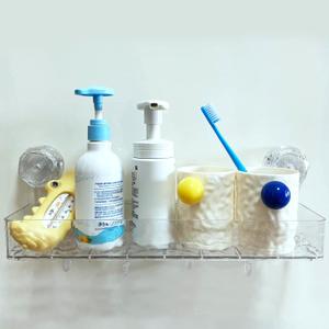 Shower Caddy Suction Cup for Bathroom Shower Shelf 2 Pcs, Adhesive Organizer Wall Mounted Acrylic Shelves for Kitchen and Hotel Storage Rack with Hook