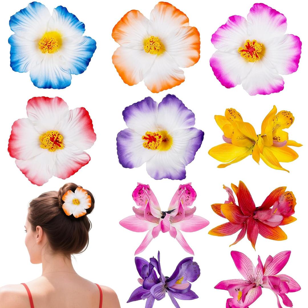 Hawaiian Flower Hair Clips, 10 Pcs Colorful Hibiscus Orchid Floral Hairpin, Summer Tropical Flower Barrettes, Hawaiian Hair Accessories for Hawaii Vacation Beach Pool Party Photo Props