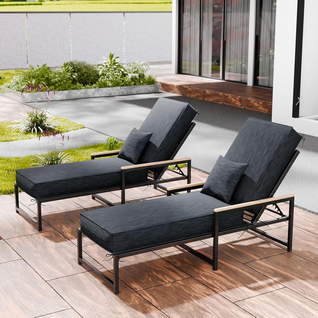 Chaise Lounge Cushions Outdoor Set of 2, 80x26x6 Inch Olefin Waterproof and Fade Resistant Patio Furniture Lounge Chair Cushions with Removable Cover, Lounger Pad with Handle & 16 Straps, Dark Gray