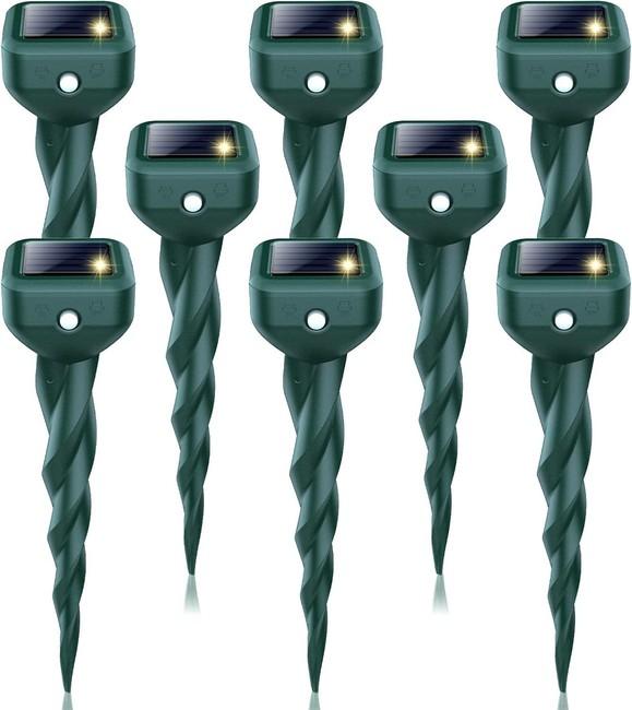 Mole Repellent Solar Powered, 8 Pack Snake & Skunk Repellent for Yard, IP 65 Waterproof Ultrasonic Deterrent Stakes, Get Rid for Rabbit, Gopher, Vole, Chipmunk, Deer, Groundhog for Lawns Garden