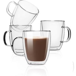 BTaT- Double Wall Glass Cups, Set of 4 (8 oz, 240 ml), Tea Cups, Glass Coffee Mugs, Cappuccino Cups, Latte Cups, Latte Mug, Clear Coffee Cup, Espresso Glass, Glass Tea Cups, Glass Coffee Cups
