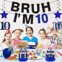 Kuxriox 11Pcs 10th Birthday Decorations for Boys Men, Blue Sliver Happy 10th Birthday Banner, Bruh I'm 10 Balloons Centerpieces Swirls Party Supplies, 10 Years Bday Banner Ceiling Table Topper Sign