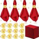 Sliner 24 Pcs Christmas Napkins and Ring Set 12 Pcs Red Washable Christmas Napkins Cloth and 12 Pcs Xmas Napkin Rings Holder for Holiday Dinner Party(Metal,Gold Flower)