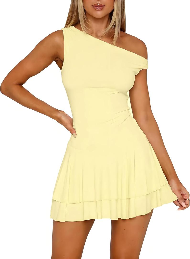 ForeFair Women's Sexy Off Shoulder Bodycon Mini Dresses Sleeveless Ruffle Hem Party Club Short Dress (Yellow, S)