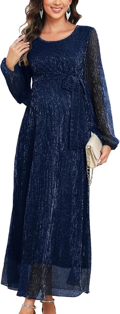 CYCLAMEN 2025 Maternity Sparkly Mesh Maxi Dress Long Sleeves Long Flowy Pregnant Dress with Belt Baby Shower Formal (Medium, Navy)