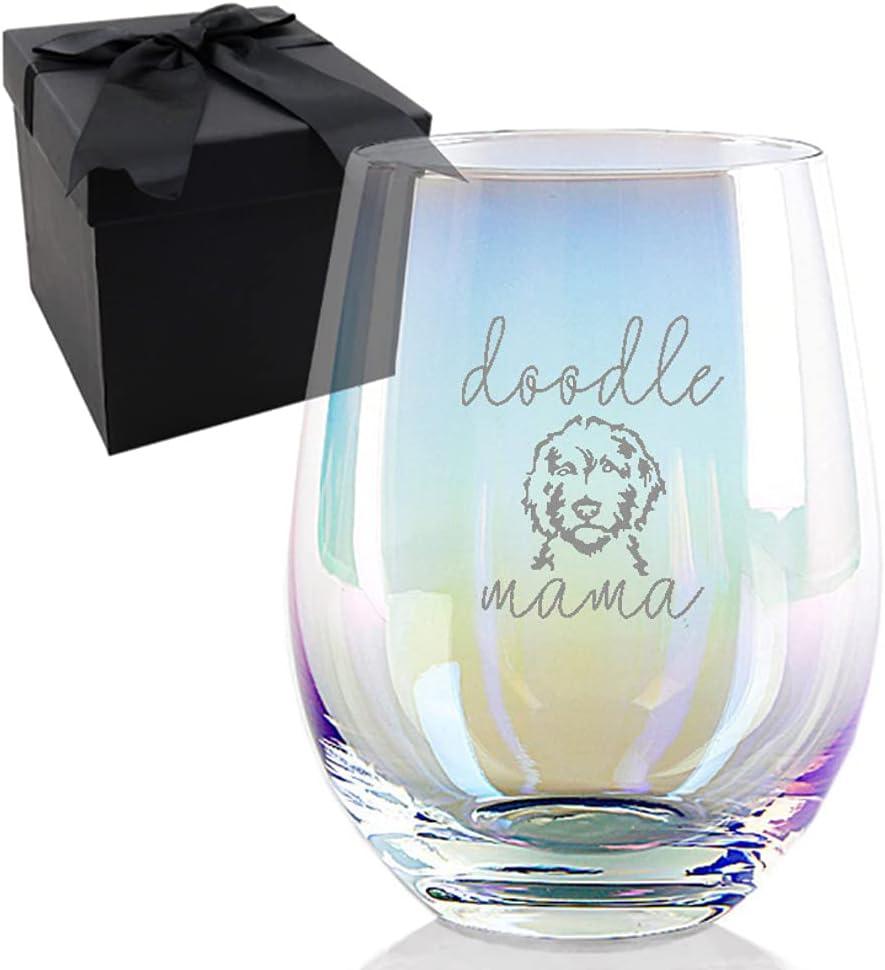 Valentines Day Gift for Doodle Mom, Goldendoodle Gifts Doodle Mom Handmade Rainbow Colorful Etched Wine Glass 18 Ounces
