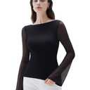 SUUKSESS Women Mesh Sheer Bell Sleeve Tops Double Lined Boat Neck Going Out Shirts Fall Fashion Outfits 2025 (Black, S) (Black, S)