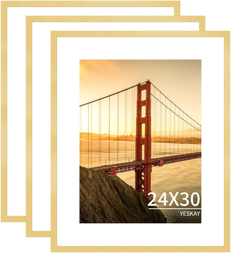 YESKAY 24x30 Picture Frame 3 Pack - Gold Poster Frame Display Pictures 18x24 with Mat or 24 x 30 Without Mat for Wall Hanging Horizontal and Vertical