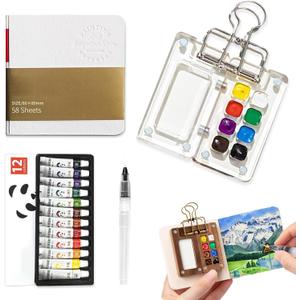Mini Watercolor Paint Set Pocket Artist Watercolor Travel Set with Mini Paint Palette,Brushes, 12 Colors, Watercolor Sketchbook for Artists Painters Students(Plastics) (8 Grids)