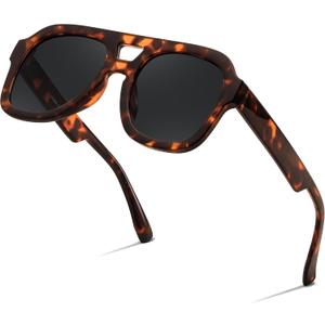 FEISEDY Vintage Aviator Sunglasses Double Bridge Women Men Large Square Thick Frame Trendy Eyewear UV400 B2846 (Brown Tortoise Frame & Grey Lens)