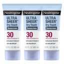 Neutrogena Ultra Sheer Dry-Touch Sunscreen for Face & Body, Helioplex SPF 30 Broad Spectrum UVA/UVB, Lightweight, Water Resistant & Non-Greasy, Hawaii Act 104 compliant, Travel Size 3 fl oz, Pack of 3