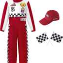 Race Car Driver Costume Boy Girl,Kid Racer Jumpsuit with Car Cap,Toddler Racing Costume Halloween with Accessories (110/XS, Red)