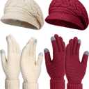 SATINIOR 4 Pieces Women Winter Hats and Gloves Set Touchscreen Gloves Warm Knitted Beanie and Mittens for Women Men(Beige, Purplish Red)