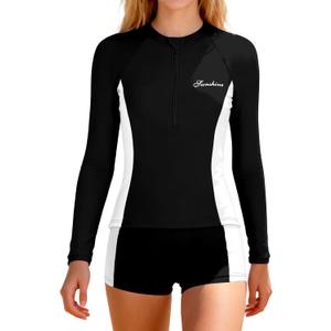 Girls Rash Guard Swimsuit Two Piece Set Colorblock Long Sleeve Bathing Suit UPF50+Sun Protection Swim Suits 7-16Y (15-16 Years, Black+white)