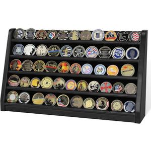 5 Rows Challenge Coin Holder Display Stand Holds 50 Coins for Wall Mount or Tabletop, Solid Wood Military Coin Rack Display Case for Army Collectibles, Black