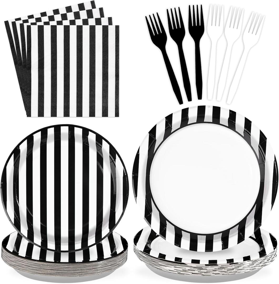 Grencian 96Pcs Black and White Striped Party Decorations Black and White Striped Party Plates Disposable 350GSM Striped Paper Tableware Set for Birthday Wedding Halloween Party, Serves 24