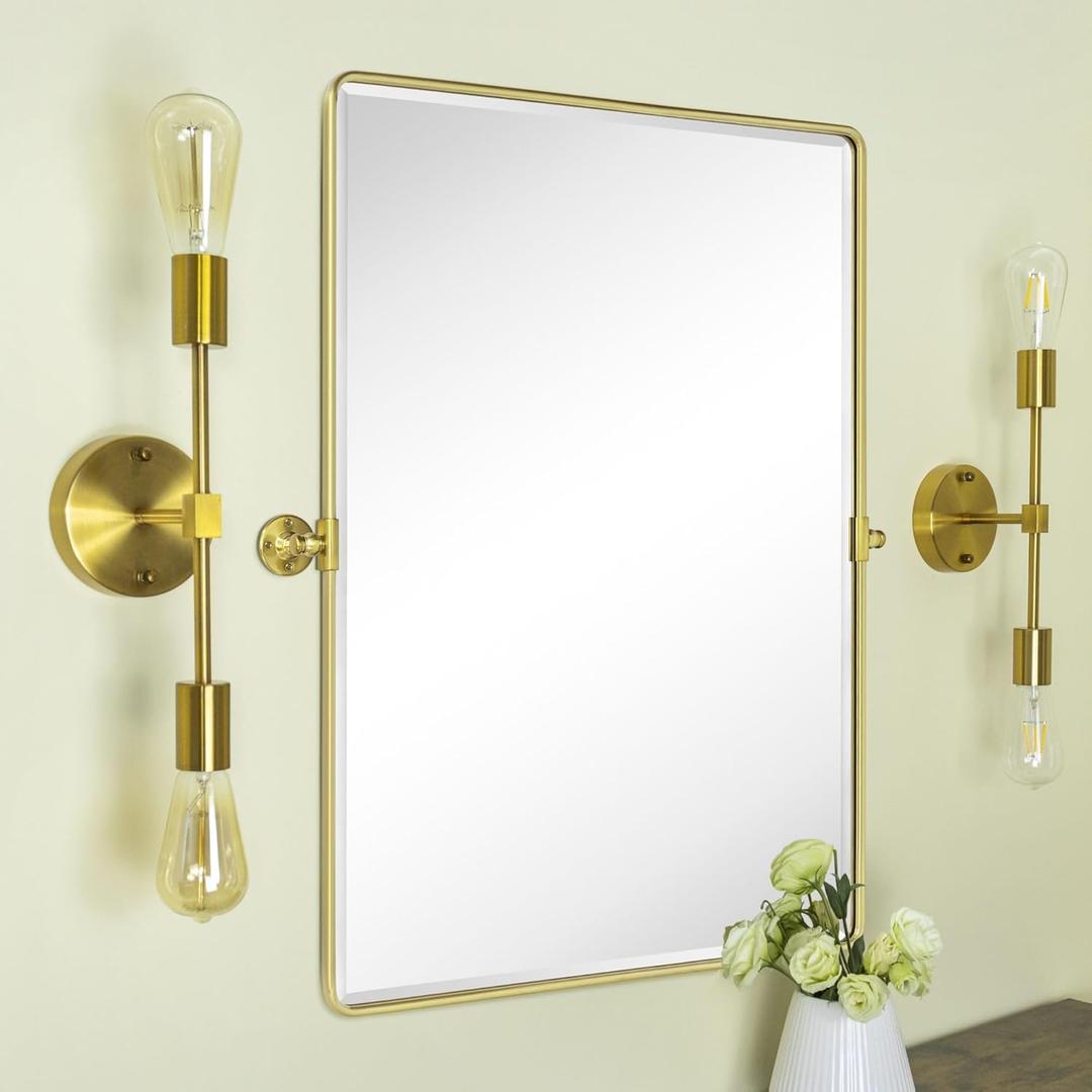 TEHOME 30x40'' Brushed Gold Pivoting Bathroom Vanity Mirror 40x30'' Brushed Brass Metal Framed Rectangle Tilting Beveled Vanity Mirrors for Wall (40"L x 30"W, Brush Gold)