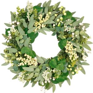 Vlorart 22 Inch Artificial Spring Summer Christmas Greenery Wreaths for Front Door Green Eucalyptus Leaf Wreath Decor Boxwood with Big Berries for Outside Year Round