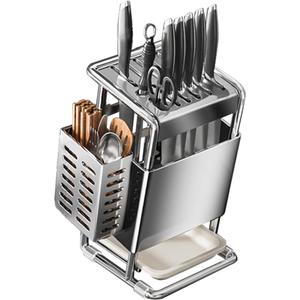 Knife Block with Drain Tray, Knife Holder without Knives, Kitchen Storage Knife Rack Decoration, Slanted Knife Stand, Countertop Knife Storage, Carbon Steel Cutlery Display Organizer (Silver,C)