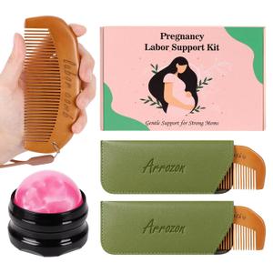 Arrozon 2 Pcs Labor Comb & Massage Roller Ball Kit, Birthing Pregnancy and Hospital Bag Must Haves, Post Partum Home Delivery Essentials, Wooden Birth Comb Pain Relief Baby Shower Gifts for Mom