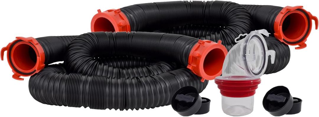 Valterra 20-Foot Dominator RV Sewer Hose Kit, Sewer Hose for RV Camper, Includes 2 Attachable 10-Foot Hoses with Rotating Fittings, 90 Degree Clearview Sewer Adapter, and 4 Drip Caps