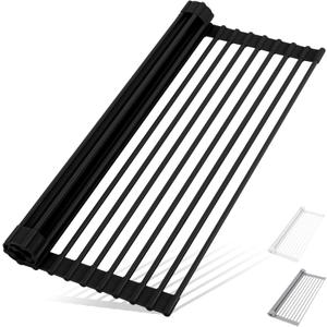 HANZENMA Roll Up Dish Drying Rack Over The Sink Kitchen Roll Up Sink Drying Rack Multipurpose Foldable Sink Drying Mat, Heat-Resistant, Anti-Slip & Anti-Rust Dish Rack for Kitchen, 17" x 13", Black