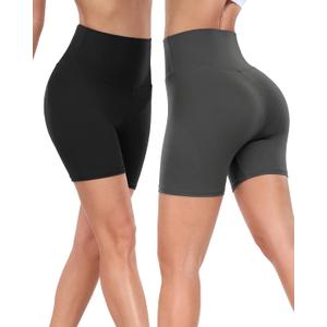 Hi Clasmix 2 Pack High Waisted Biker Shorts for Women-5" Tummy Control Fitness Athletic Workout Running Yoga Gym Shorts Black/Grey Large-X-Large