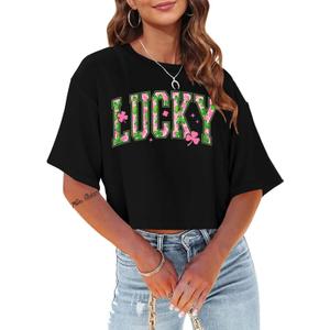 St Patricks Day Shirt Women Crop: Sexy Saint Patricks Day Crop Tops Funny Shamrock Tshirt Irish Graphic Tee (Black, L)