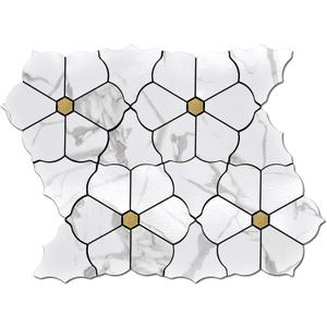 Kieacia 10-Sheet Peel and Stick Backsplash Tiles for Kitchen PVC Marble Self-Adhesive Tile Gold and White Mosaic Tiles for Bathroom Vanities Table Desktop Fireplace