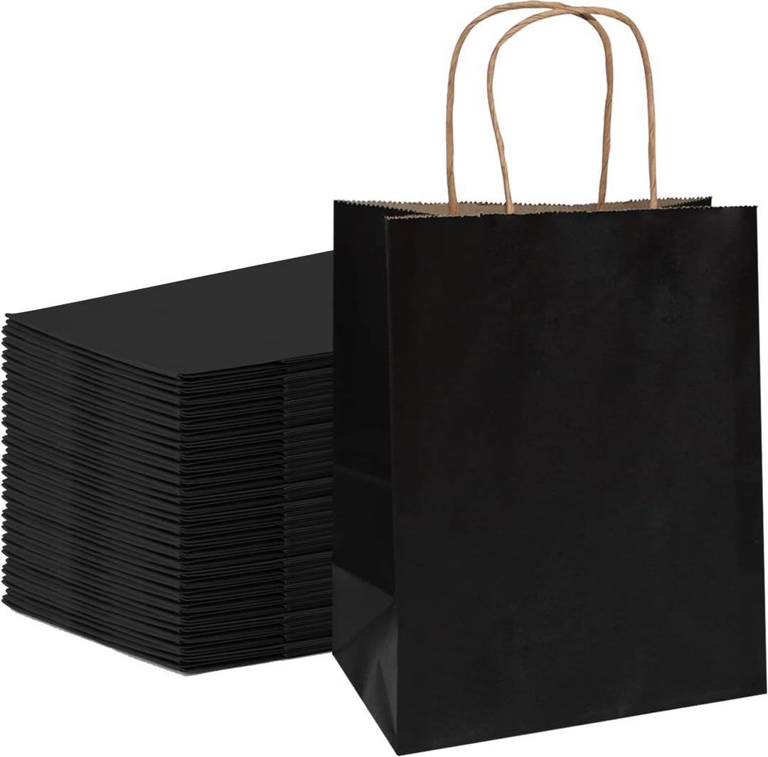 FACEBAG 100 Pack Medium 8x4.25x10.5 inch Black Gift Paper Bags with Handles Bulk, Kraft Bags, Craft Grocery Shopping Retail Party Favors Wedding Bags