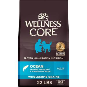 Wellness CORE Dry Dog Food, Wholesome Grains, High Protein, Natural, Ocean Whitefish & Herring Recipe (22-Pound Bag)