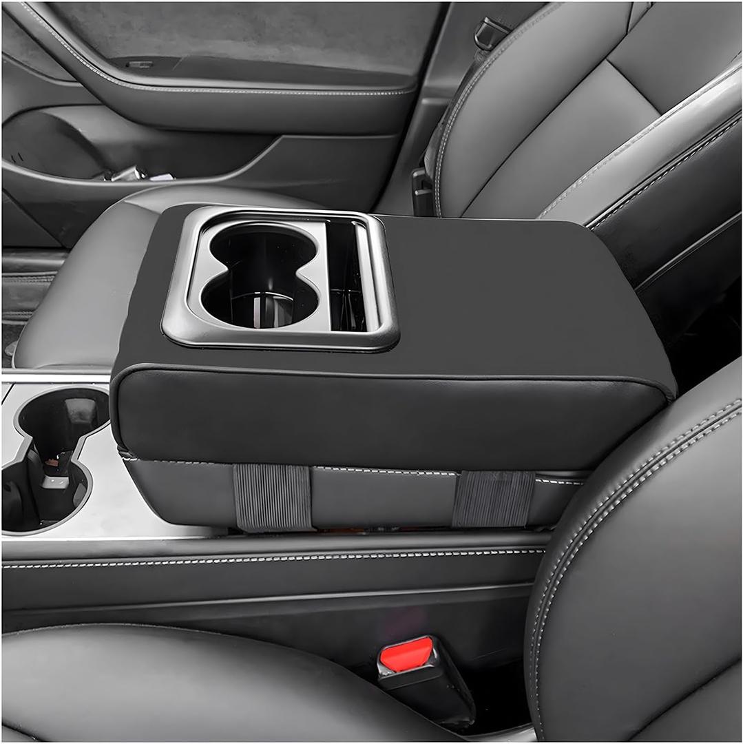 Gasedin Center Console Armrest Pillow, 14.0"×8.3" Soft Leather Waterproof Armrest Cushion with Cup Holder, Comfy Memory Foam Auto Arm Rest Pad with Storage Bag, Car Accessories (Glossy)