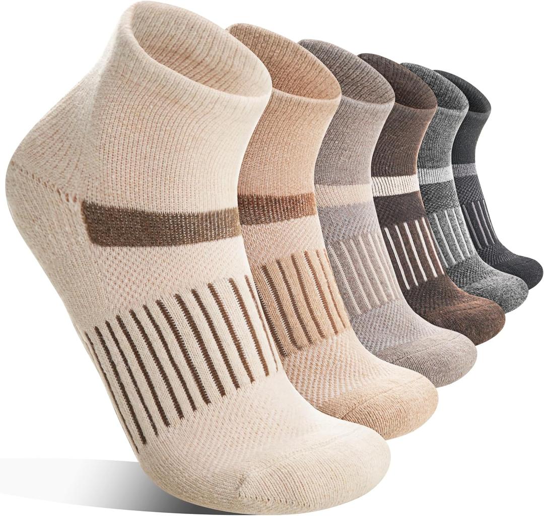 6 Pairs Merino Wool Ankle Running Hiking Socks Compression Support Breathable Thick Cushion No Show Socks for Women Men (Medium, Brown Beige(quarter Socks))