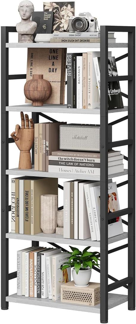 Homeiju Organization and Storage, 5 Tier Bookshelf, Tall Bookcase with Shelves, Wood and Metal Book Shelf Storage Organizer, Industrial Display Standing Shelf Unit for Bedroom, White
