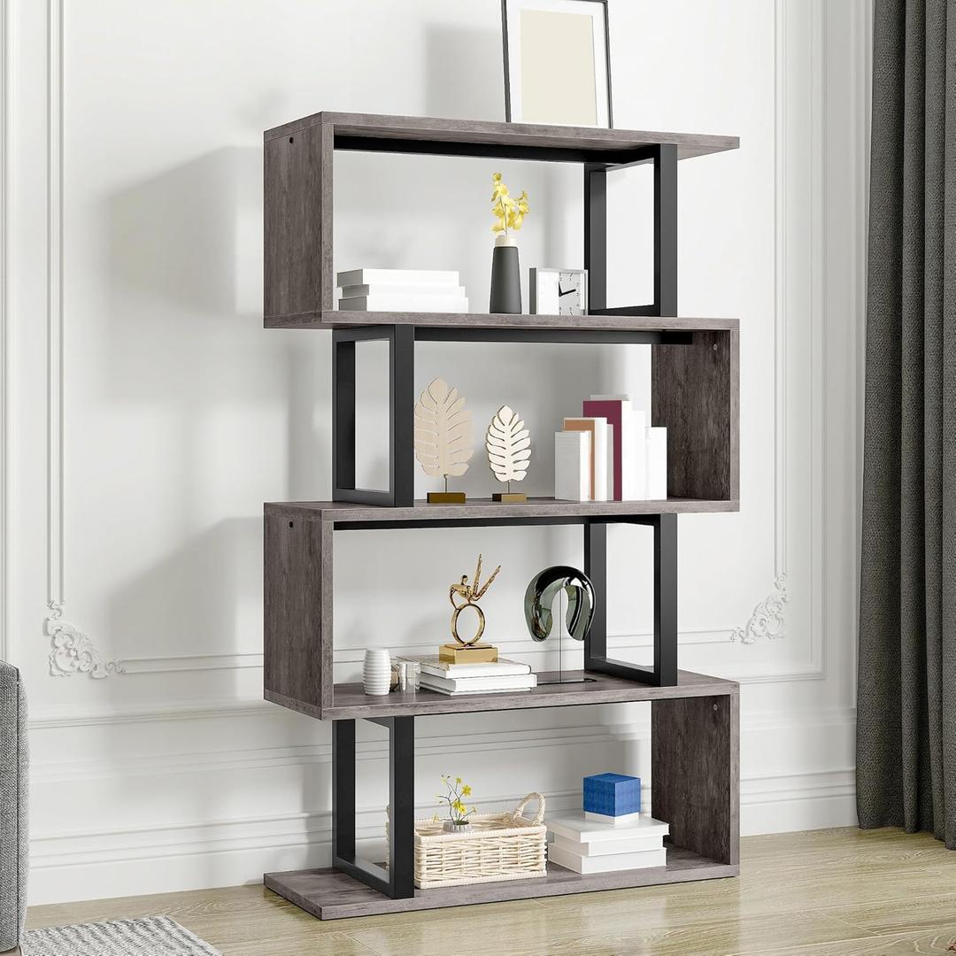 YITAHOME 5-Tier Bookshelf, S-Shaped Z-Shelf Bookshelves and Bookcase, Industrial Freestanding Multifunctional Decorative Storage Shelving for Living Room Home Office, Gray + Black (Grey)